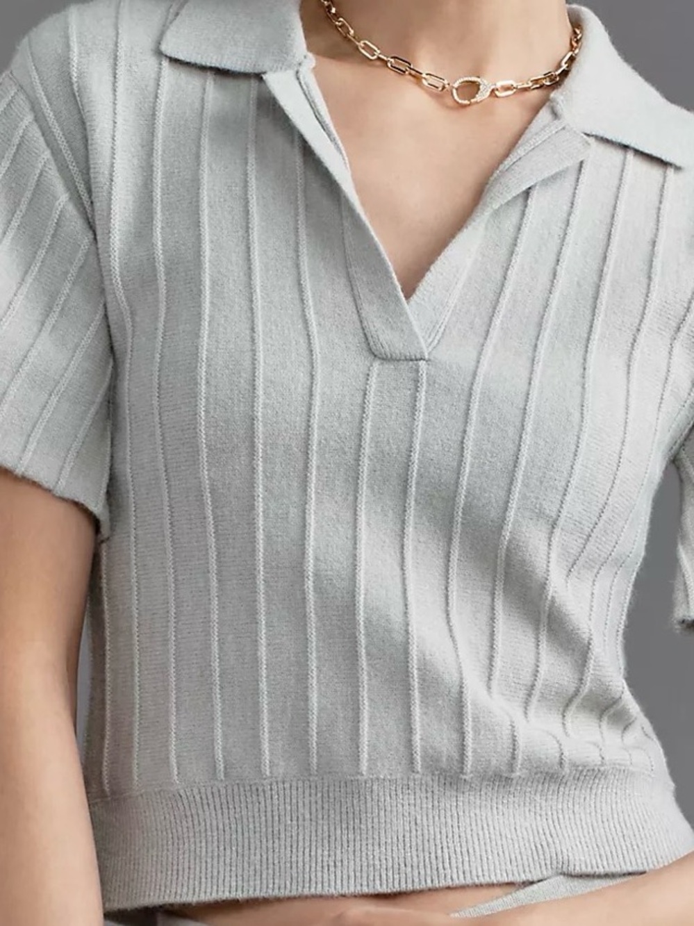 😍🔥NWT! Maeve Short Sleeve Collard V-Neck Ribbed Sweater in Medium, Color Gray!